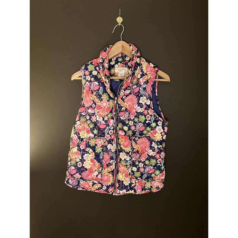 Peach Love California M Floral Puffer Vest Quilted Navy Pink Full Zip Boho